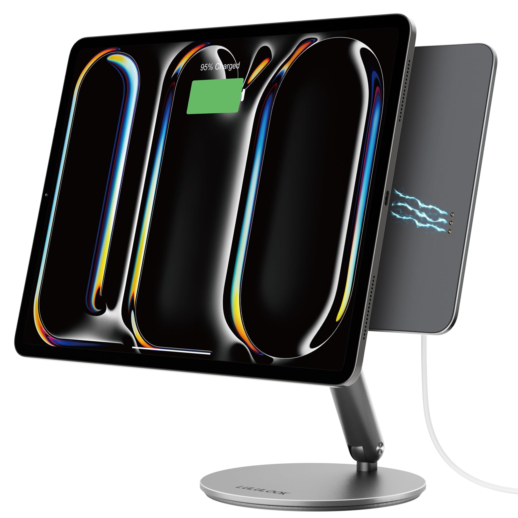 LULULOOK Magnetic Wireless Charging Stand for iPad Pro 13 inch M4 (2024) - 360° Adjustable Foldable Aluminum Alloy Tablet Stand with USB C Cable - Perfect for Home Office, Desk Work, and Travel Use