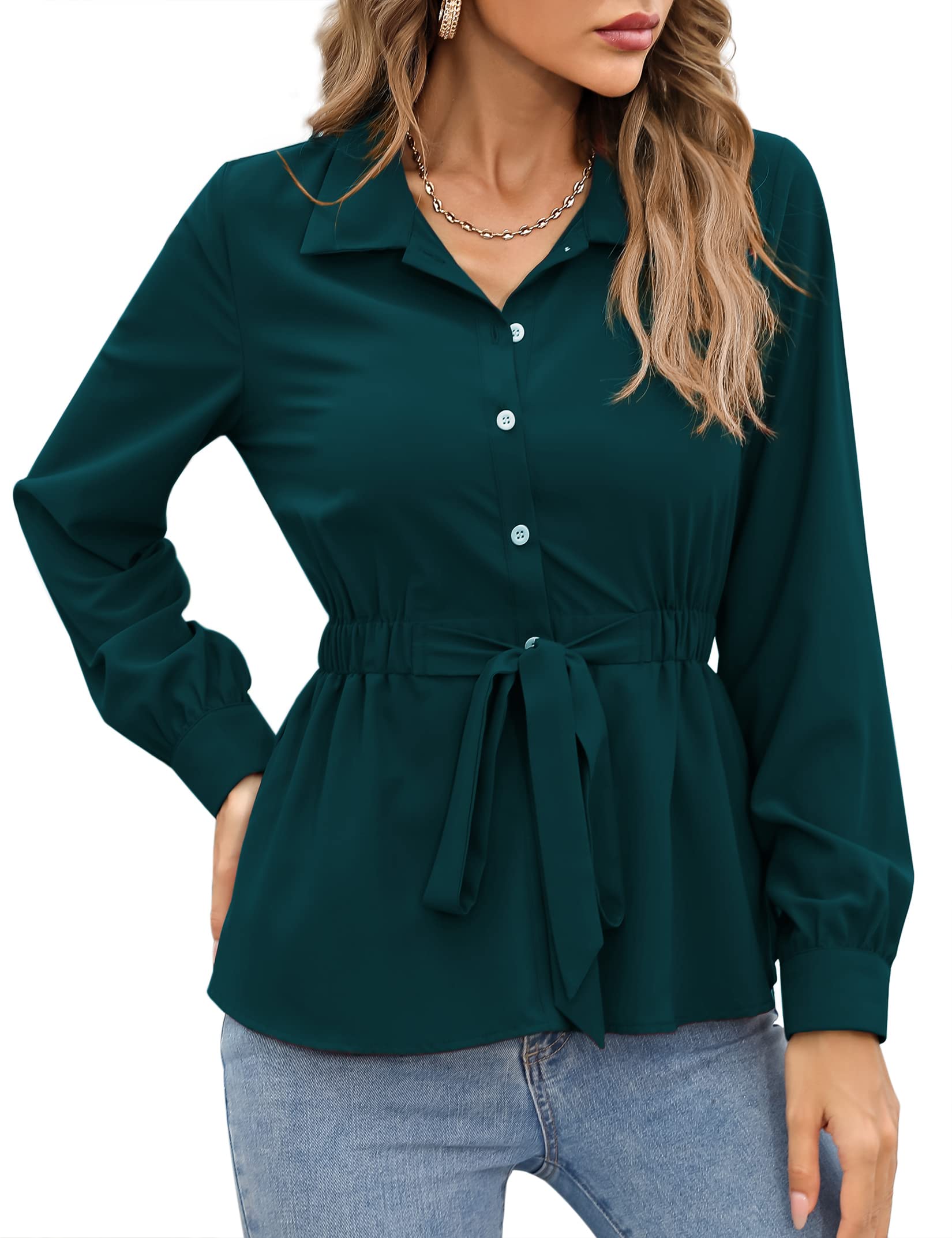 Women's Long Sleeve V-Neck Peplum Blouse - Button Down Collar Business Casual Shirt for Office, Work & Professional Wear | Elegant Tops for Women