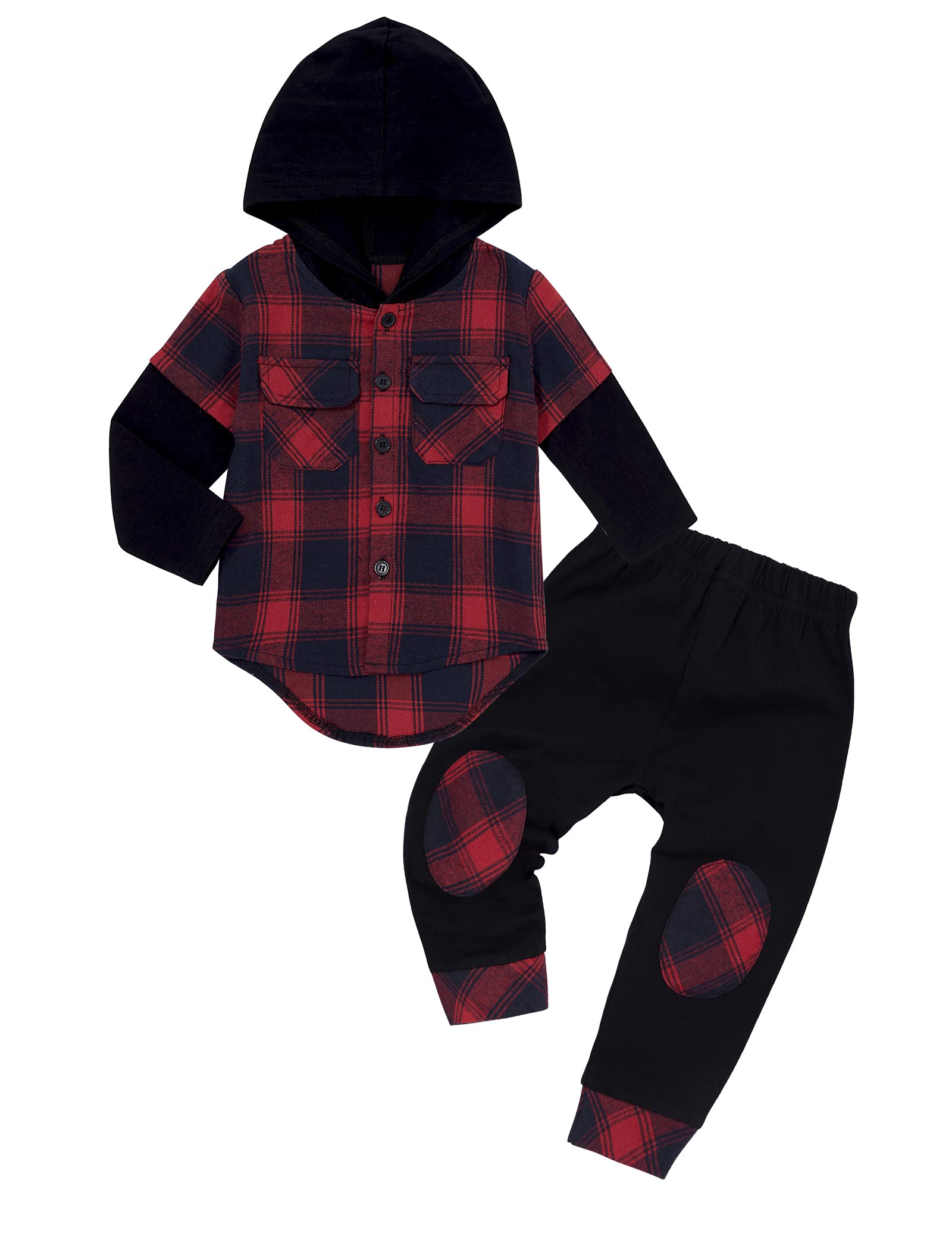 **DONWEN Baby Boy Clothes Set - Plaid Long Sleeve Hoodie & Pants for Toddlers, Fall & Winter Outfit - Cozy Playtime & Outdoor Adventures**