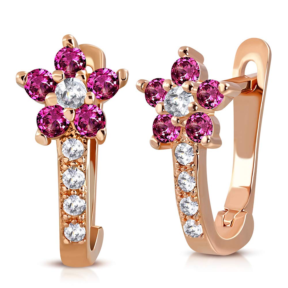 925 Sterling Silver Rose Gold Plated Pink Cubic Zirconia Floral Huggie Hoop Earrings for Girls - Perfect for Birthdays, Parties & Everyday Wear