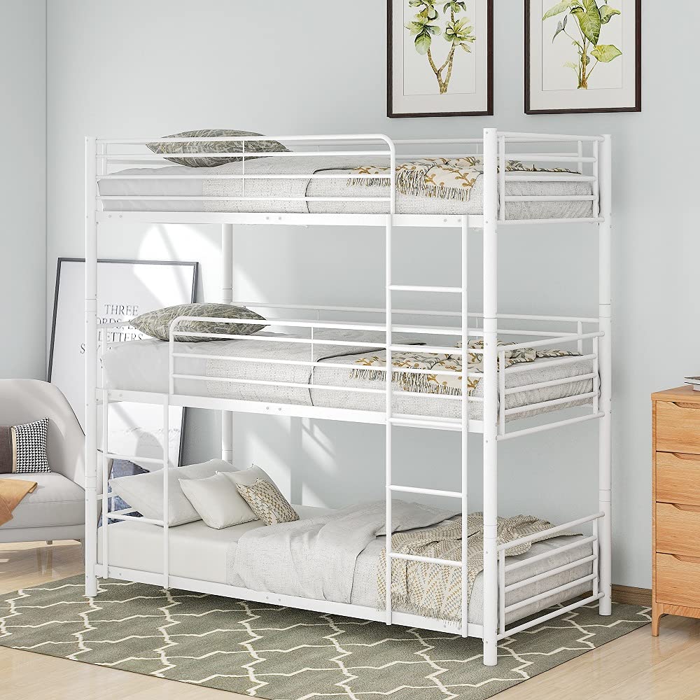 Triple Bunk Bed Frame for Kids & Teens - Metal Twin Over Twin Over Twin Bunk Bed with 2 Built-in Ladders, Convertible to 3 Separate Beds (White) - Perfect for Dormitories, Summer Camps & Space-Saving Kids' Bedrooms