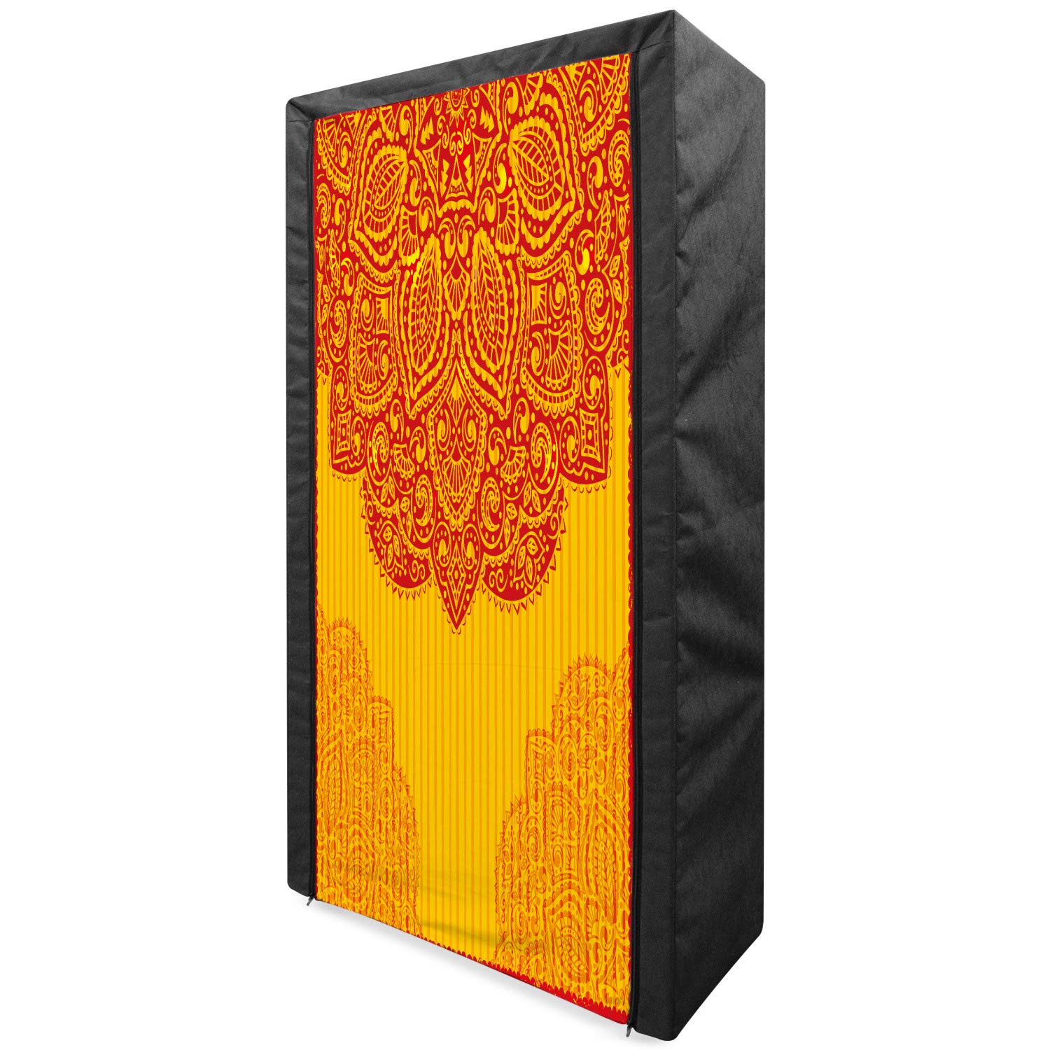 Ambesonne Ethnic Portable Fabric Wardrobe with Abstract Floral Design - 33.5 Inch Clothing Organizer & Storage Closet with Shelves - Traditional Ornamental Framework & Grunge Background in Red & Yellow - Perfect for Bedroom, Dorm, Apartment or Small Space Organization