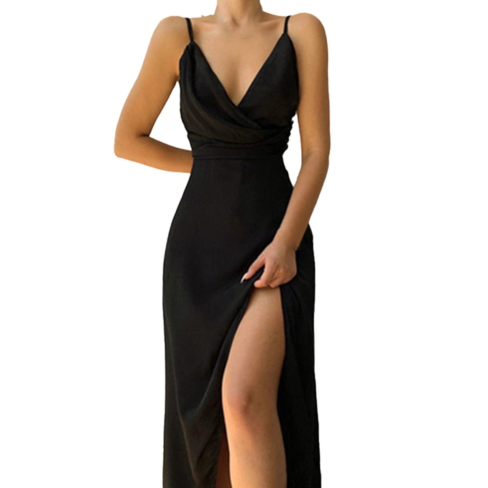 ONablvd Women's Sexy Elegant Midi Dress - Deep V Neck Sleeveless Solid Color Party Dress with High Slit, Summer Casual & Evening Wear for Women | Perfect for Cocktail Parties, Date Nights & Special Occasions