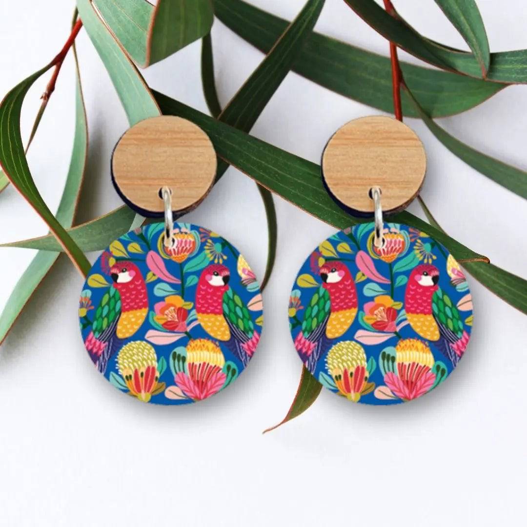 Handmade Australian Rosella Birds Wooden Earrings - Unique Boho Wood Jewelry for Women - Perfect for Festivals, Parties & Everyday Wear