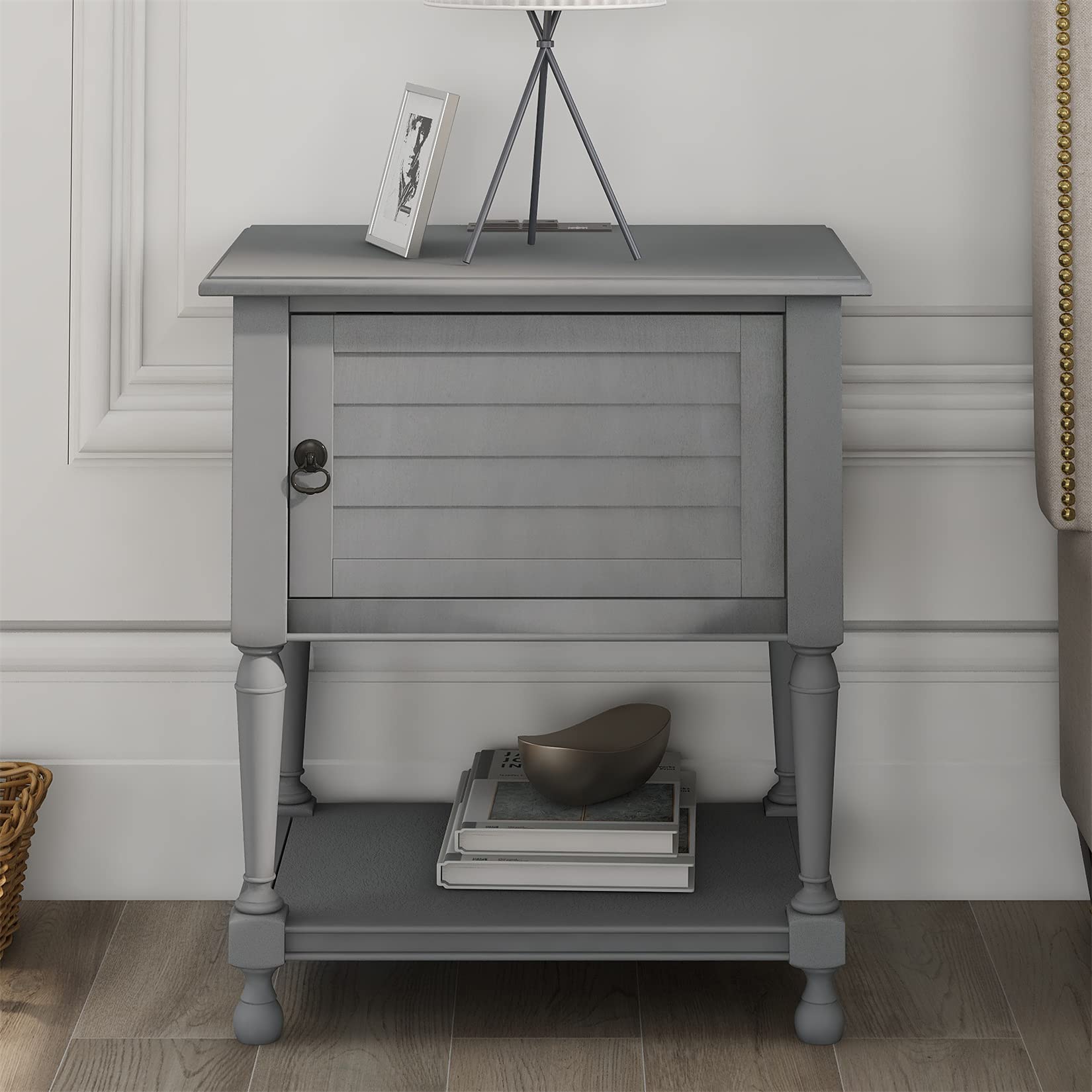 Modern Nightstand with USB Charging Station & Power Outlet - Farmhouse Bedside Table with Storage Cabinet & Shelves - Gray End Table for Bedroom, Living Room & Home Office - Perfect for Phone Charging & Organizing Essentials