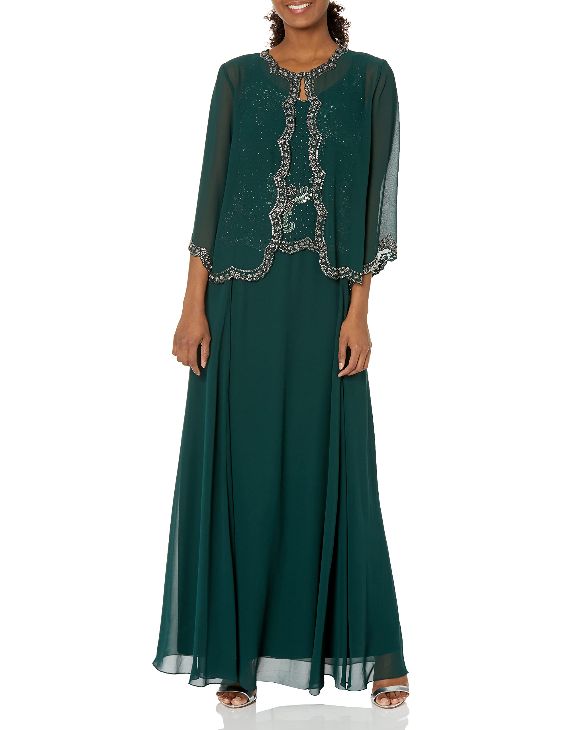 J Kara Women's Beaded Jacket Dress - Elegant Embroidered Boho Maxi Dress for Weddings, Parties & Special Occasions
