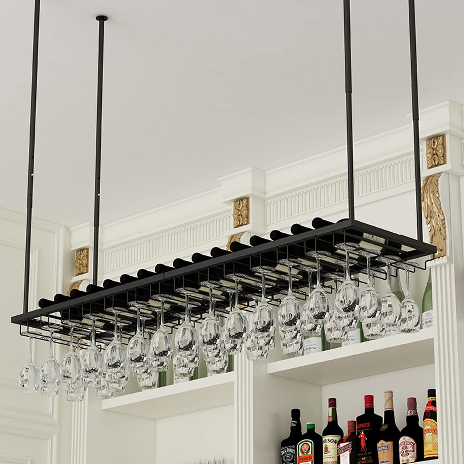 Black QJYNS Ceiling Hanging Wine Rack - Bar & Restaurant Wine Glass Holder for Bottles & Stemware Goblets Display - Perfect for Kitchen Decor, Home Bars & Commercial Use