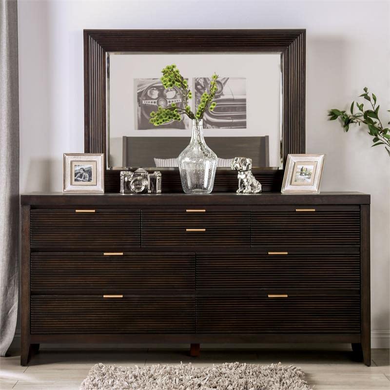 Furniture of America Tezra Wood 2-Piece Dresser and Mirror Set in Dark Walnut - Solid Wood Bedroom Furniture for Master Bedroom & Guest Room Decor