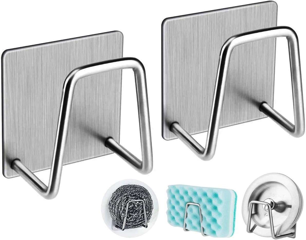 Stainless Steel Sponge Holder for Kitchen Sink - Adhesive Scrubber Hanger & Storage Rack for Dishcloth, Scouring Pad, and Cleaning Tools - Perfect for Organizing Sink Area and Keeping Countertops Dry