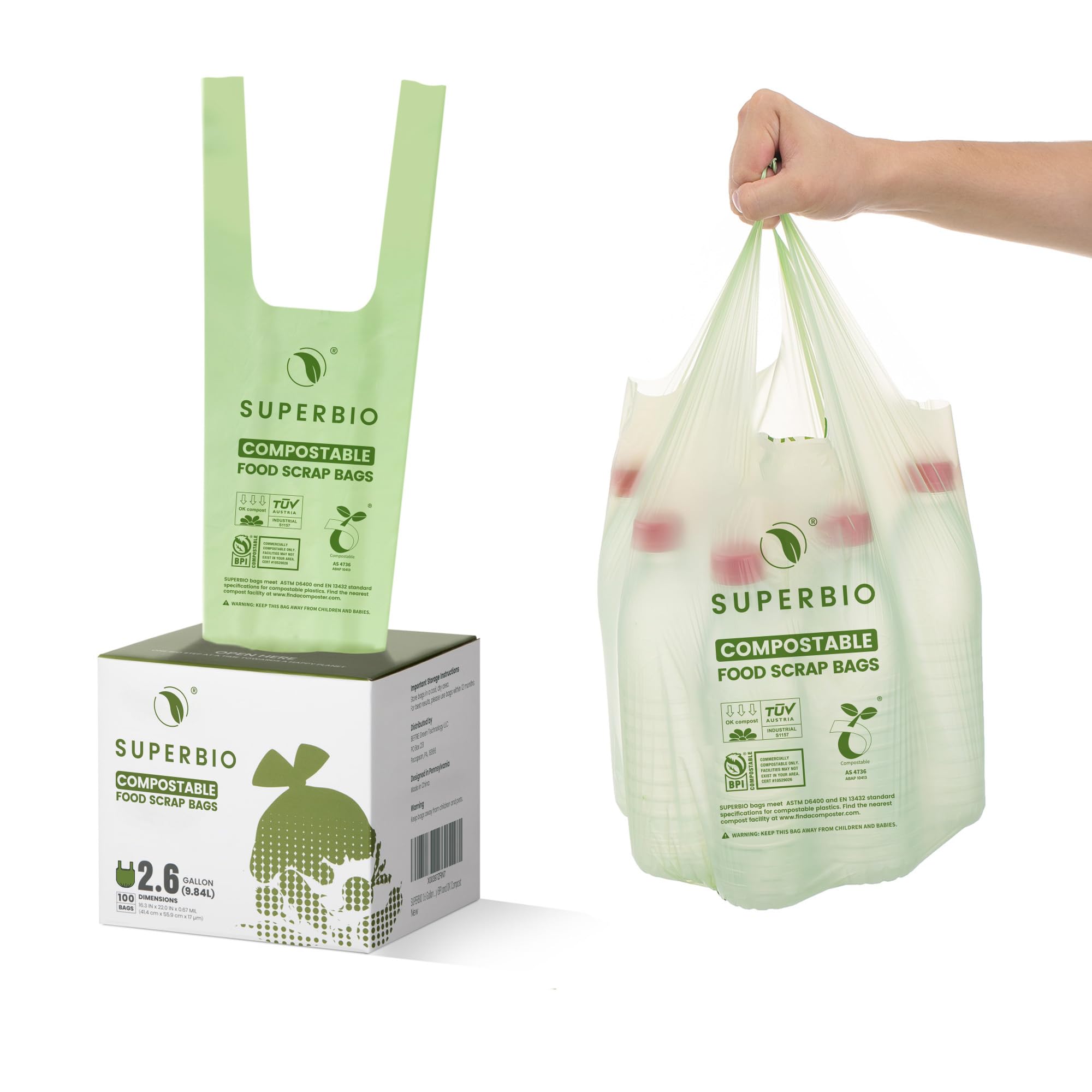 SUPERBIO 2.6 Gallon Compostable Trash Bags with Handles - 100 Count (1 Pack) - BPI & OK Compost INDUSTRIAL Certified Food Waste Bags - 9.84L - Perfect for Kitchen Composting, Organic Waste Disposal & Eco-Friendly Trash Collection
