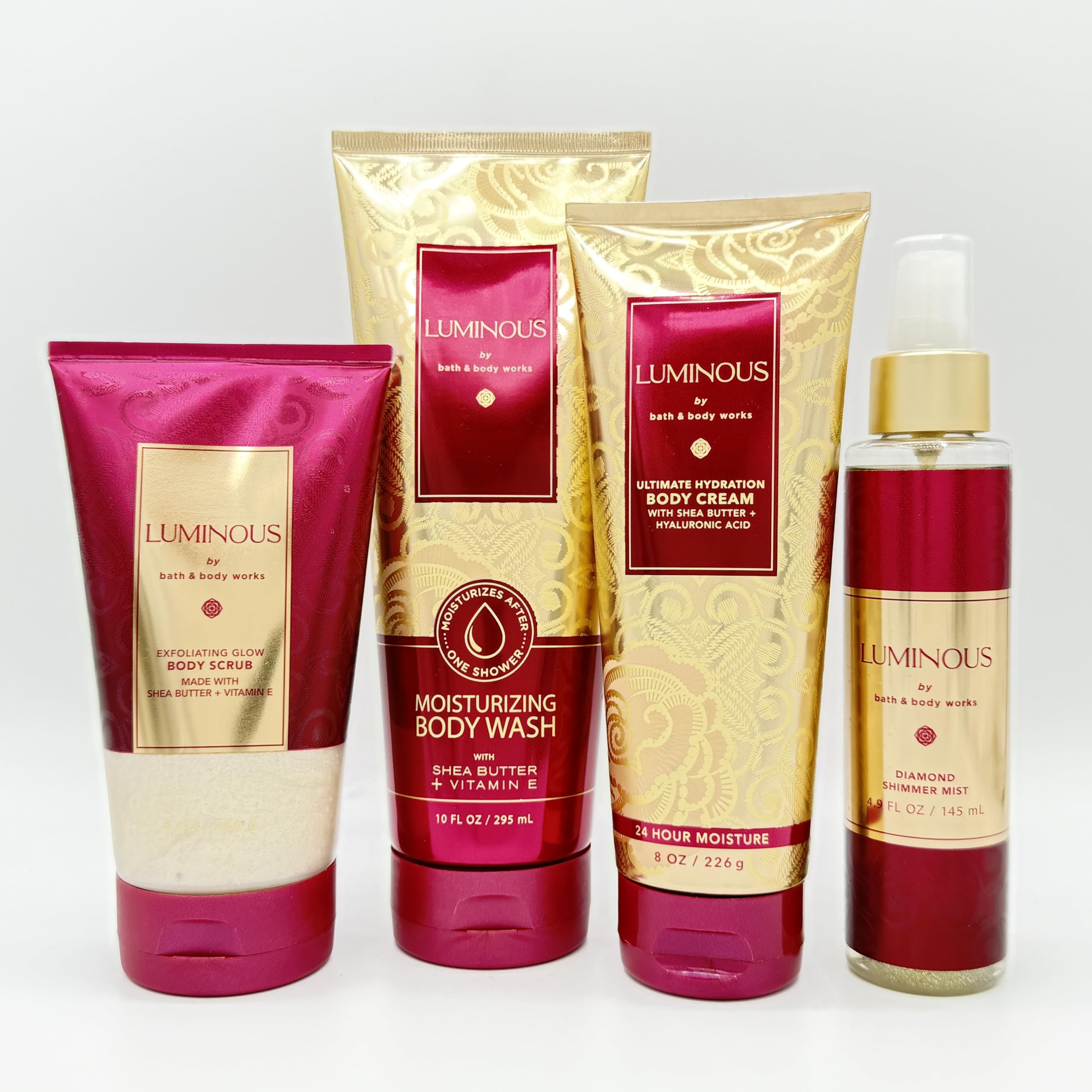 Luminous 4-Piece Bath & Body Gift Set - Exfoliating Body Scrub, Hydrating Body Wash, Ultra Moisturizing Body Cream & Sparkling Shimmer Mist for Soft Glowing Skin | Perfect for Spa Day, Self-Care Routine & Luxury Gifts