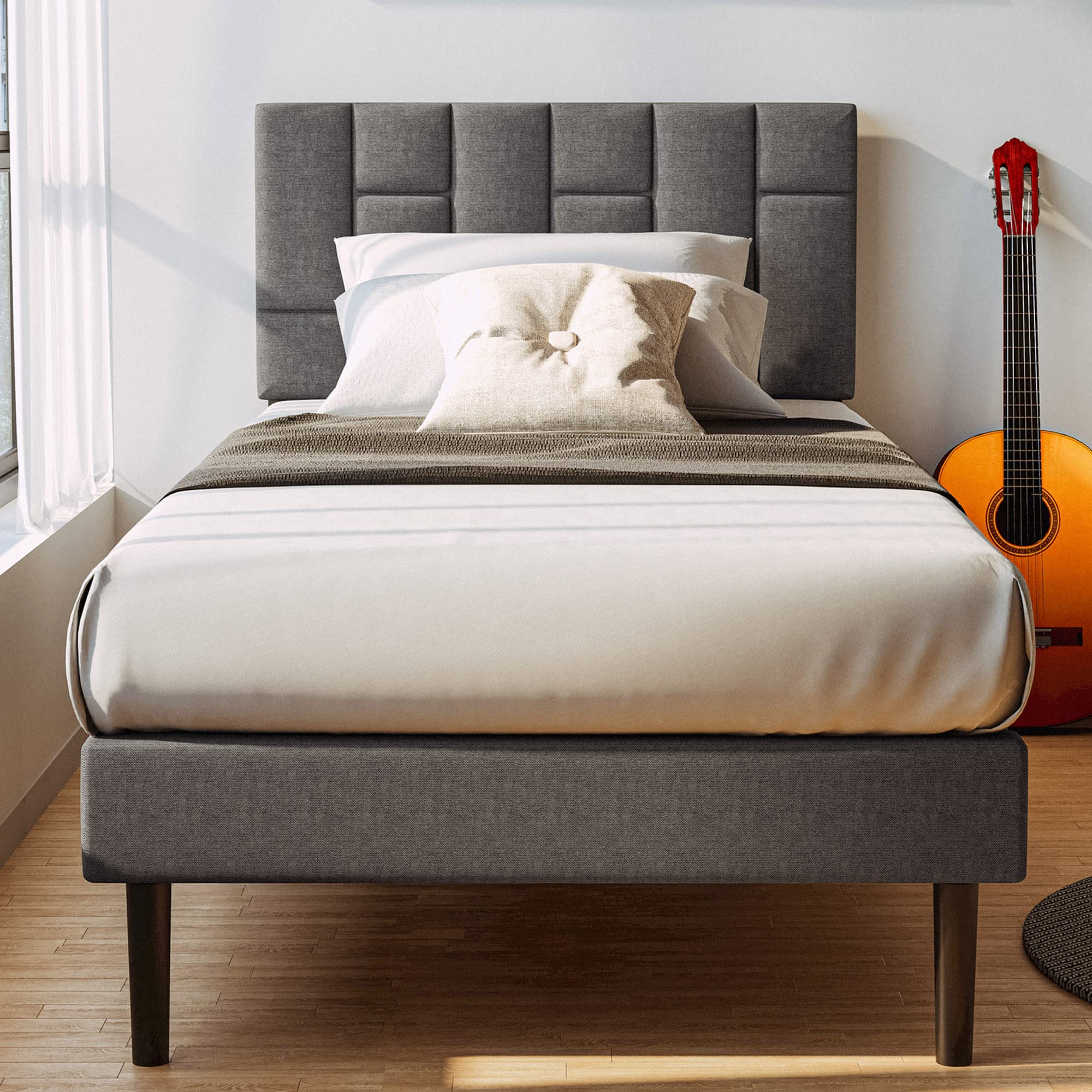 LIKIMIO Twin Bed Frame with Headboard - Modern Upholstered Platform Bed with Wood Slat Support, Noise-Free & No Box Spring Needed - Easy Assembly for Bedroom, Guest Room, Dorm & Small Spaces