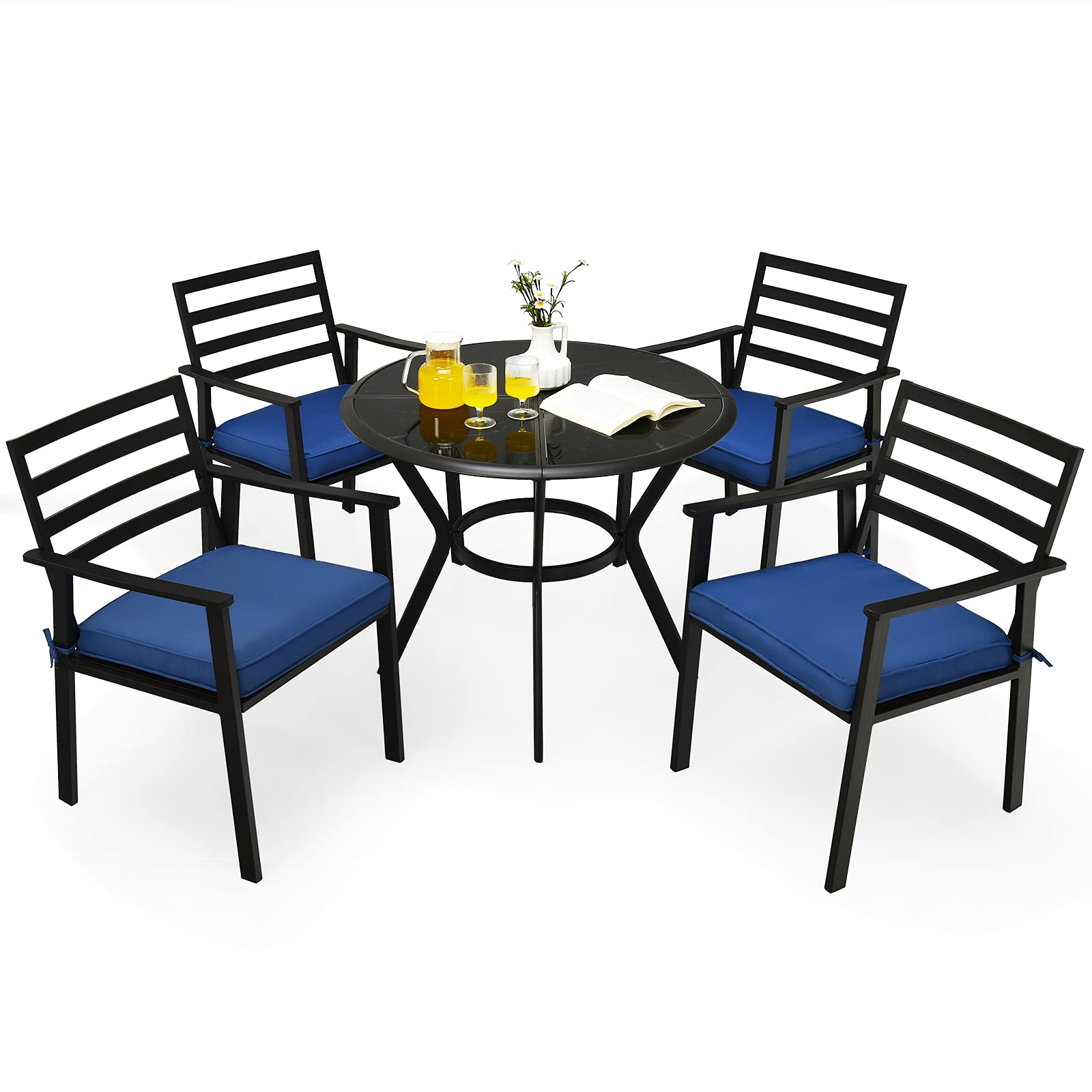 Tangkula 5-Piece Outdoor Patio Dining Set with Glass Table & 4 Cushioned Armchairs - Modern Garden Furniture for Backyard, Deck, or Poolside (Navy Blue) | Perfect for Outdoor Entertaining, Family Gatherings & Relaxing in Your Garden