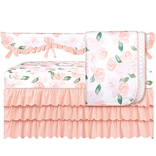 4-Piece Blush Coral Ruffle Crib Bedding Set - Soft Nursery Crib Skirt & Blanket for Baby Boys & Girls | Perfect for Newborns, Baby Showers & Nursery Decor