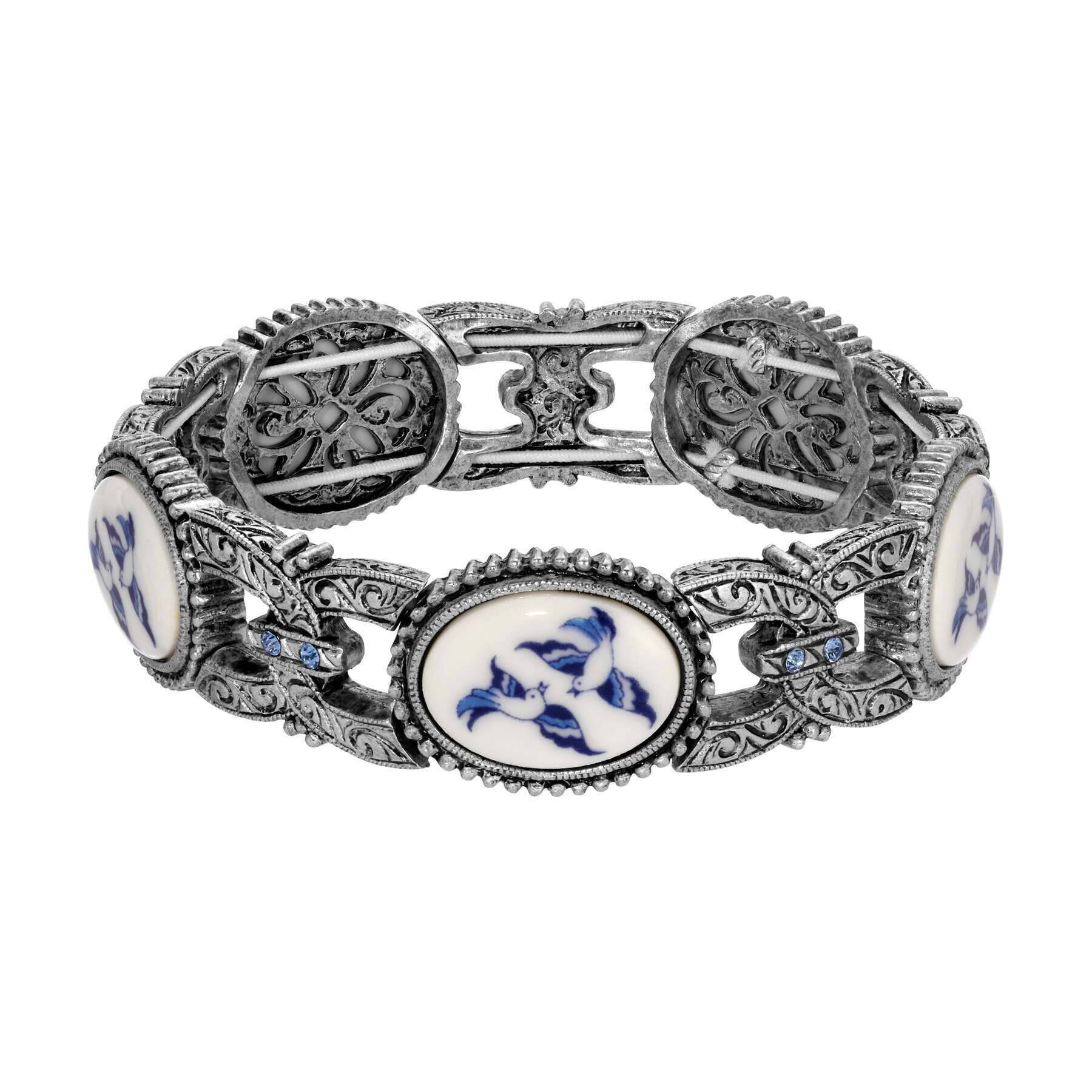 1928 Jewelry Blue Willow Light Sapphire Crystal Stretch Bracelet for Women - Vintage Inspired Adjustable Beaded Bangle for Casual Wear, Parties & Special Occasions