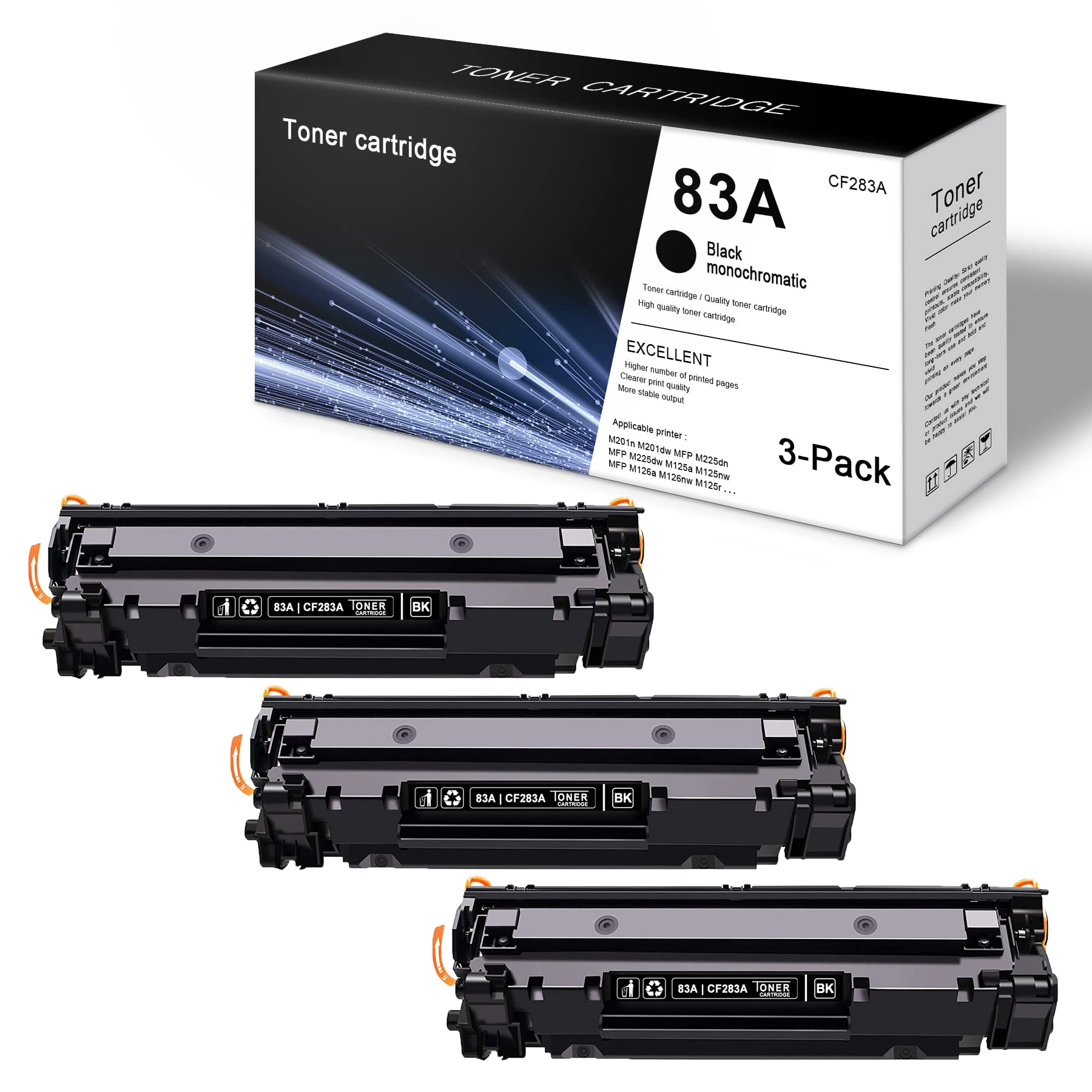 3-Pack Black 83A | CF283A Compatible Toner Cartridge Replacement for HP MFP M225dn M225dw M125a M125nw M126a M126nw M128fn M128fp M128fw M127fs M127-M128 Printers - High Yield Printing for Home & Office Use - Sold by Indiuprint