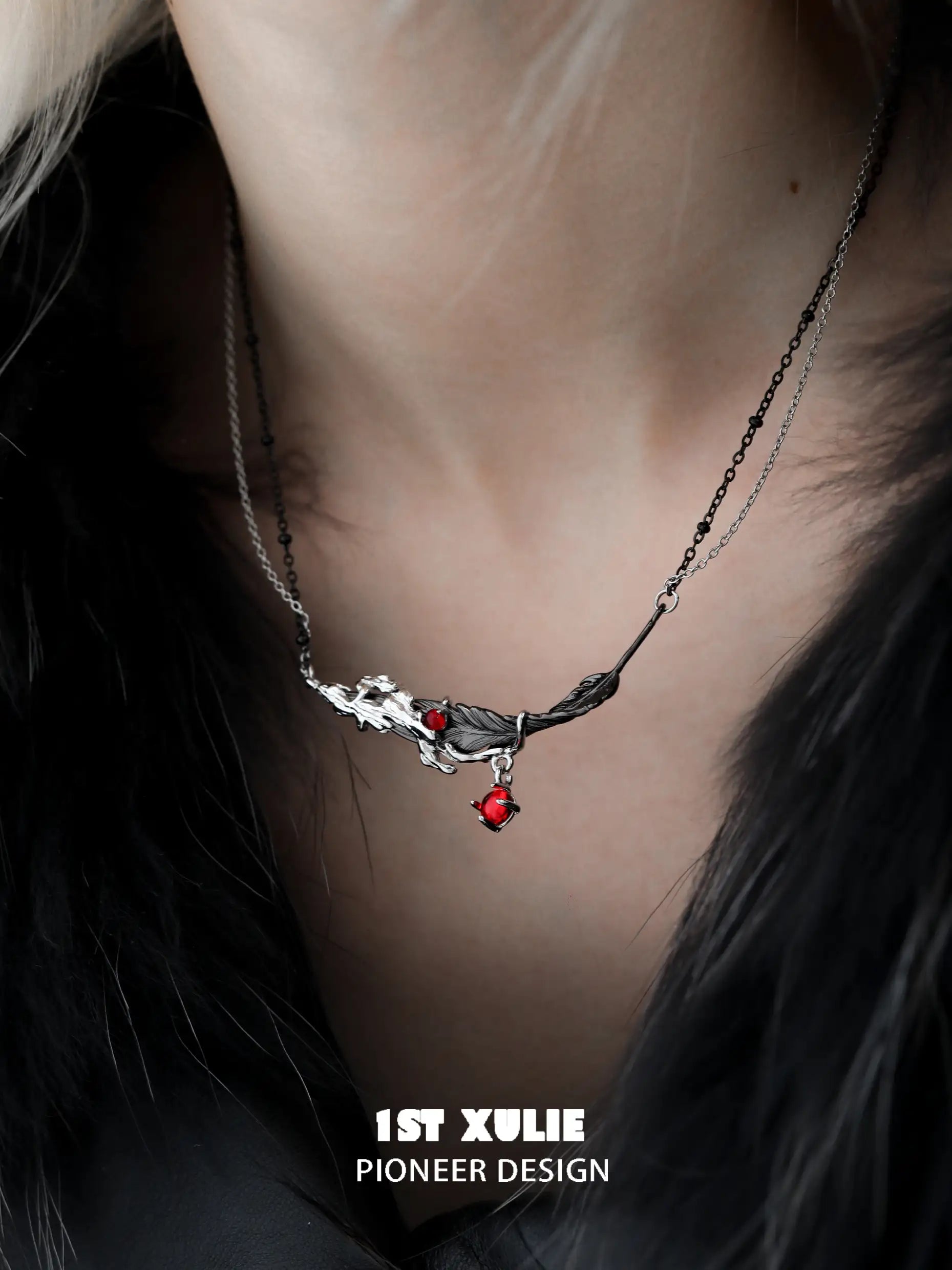 Lucifer Red Crystal 18K Black Gold Feather Necklace™ - Elegant Jewelry for Women, Gift for Her, Valentine's Day, Anniversary, Birthday, Party & Special Occasions