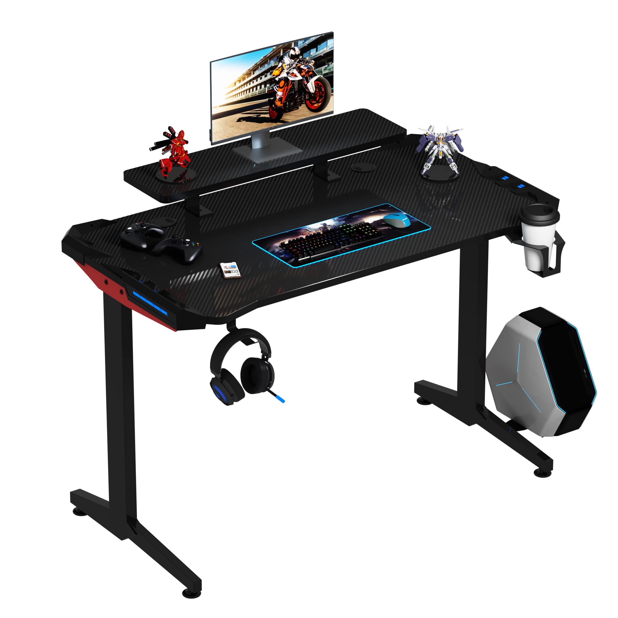 Sandinrayli 48 Inch 2-Tier Gaming Desk with Monitor Shelf - Large Mousepad, Headphone Hook & Cup Holder - LED Light PC Computer Workstation for Home Office & Gaming Setup (I-Shaped Legs) - Perfect for Esports, Streaming & Remote Work