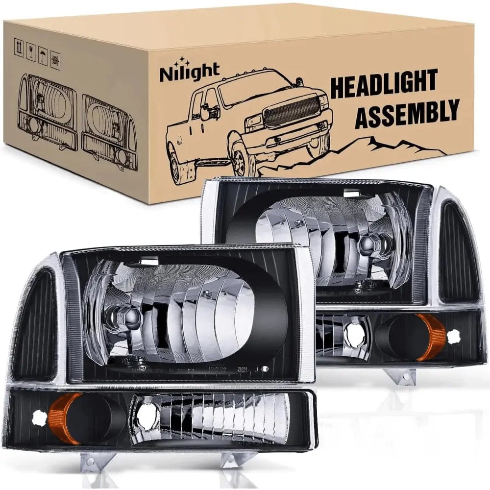 1999-2004 Ford F250 F350 F450 F550 Replacement Headlight Assembly - Black Housing with Amber Reflector - Compatible with Fog Lights & Night Driving