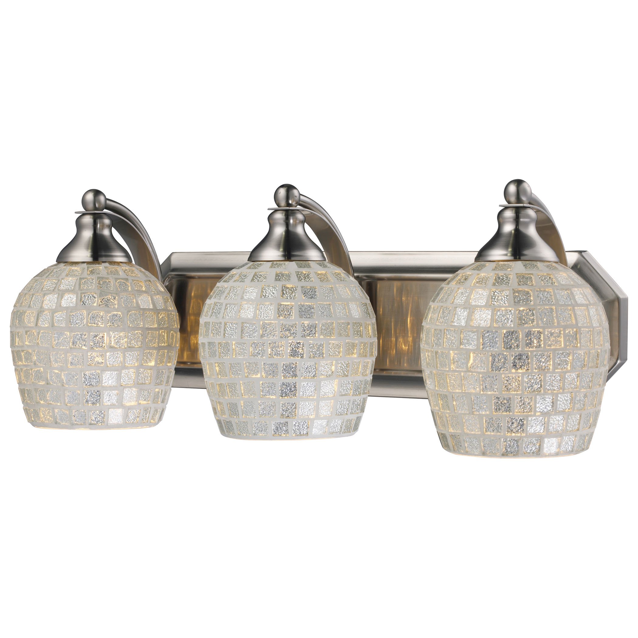 3-Light Bathroom Vanity Light Fixture in Satin Nickel with Silver Mosaic Glass Shades - Perfect for Modern Bathroom, Powder Room, and Dressing Area Lighting
