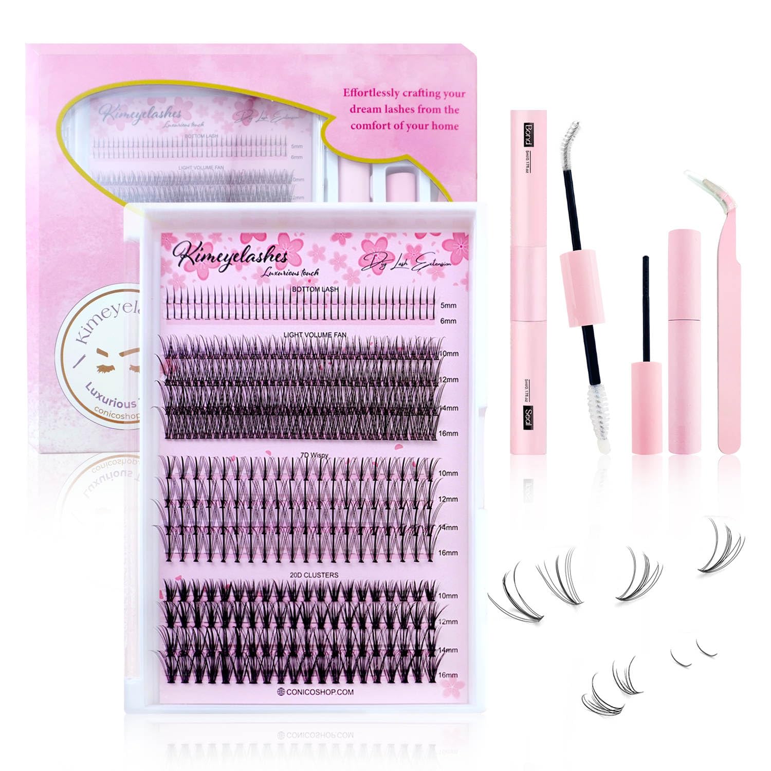 DIY Lash Extensions Kit - Mixed Length Faux Mink Clusters, Tweezers, Bond & Seal Remover - Wispy Natural Reusable False Eyelashes for Home Use | Perfect for Bridal, Party & Everyday Glam Looks