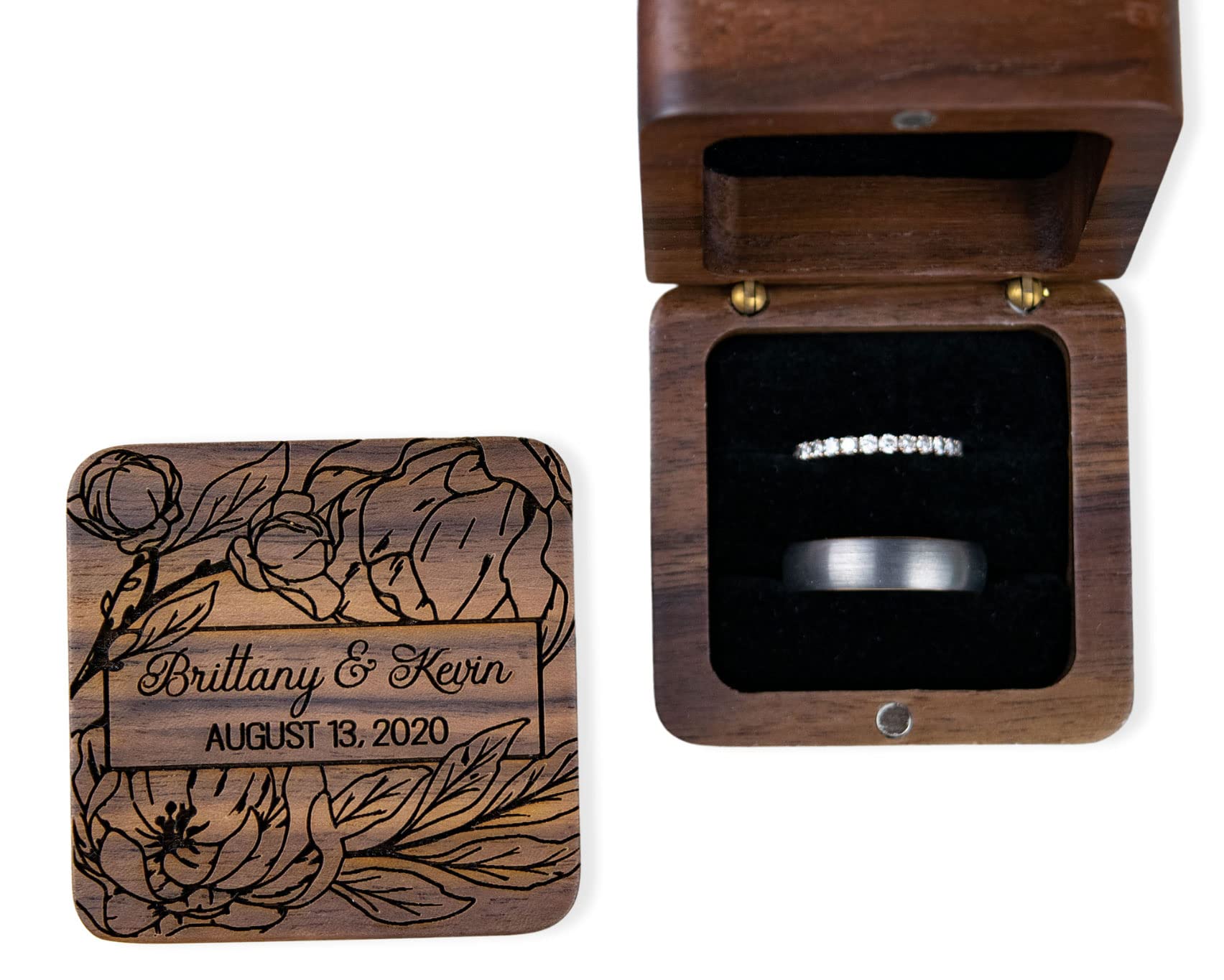 Personalized Wooden Wedding Ring Box - Double Ring Bearer Box for Ceremony, Walnut & Flower Design - Perfect for Wedding, Engagement & Vow Renewal Ceremonies