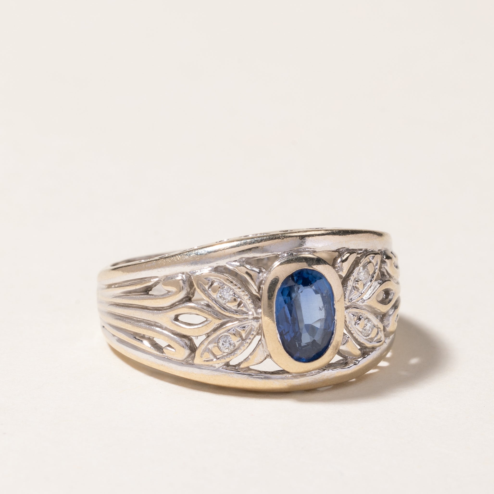 18K Gold Bezel Set Oval Cut Sapphire & Diamond Ring - 0.87ct Sapphire & 0.02ctw Diamonds - Size 8 | Elegant Engagement, Wedding, Anniversary Gift for Women