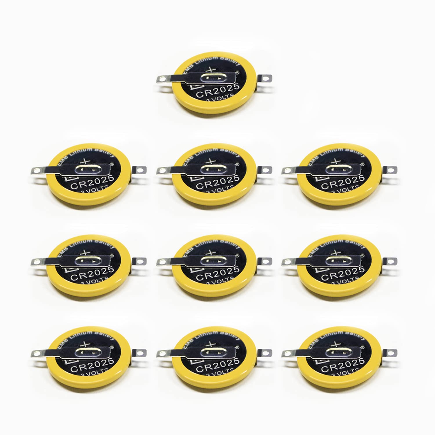 EEBM 10 Pack CR2025 3V Lithium Coin Button Batteries - Replacement for Gameboy Cartridge, Watches, Calculators & Key Fobs - Pre-Soldered Tabs for Easy Installation