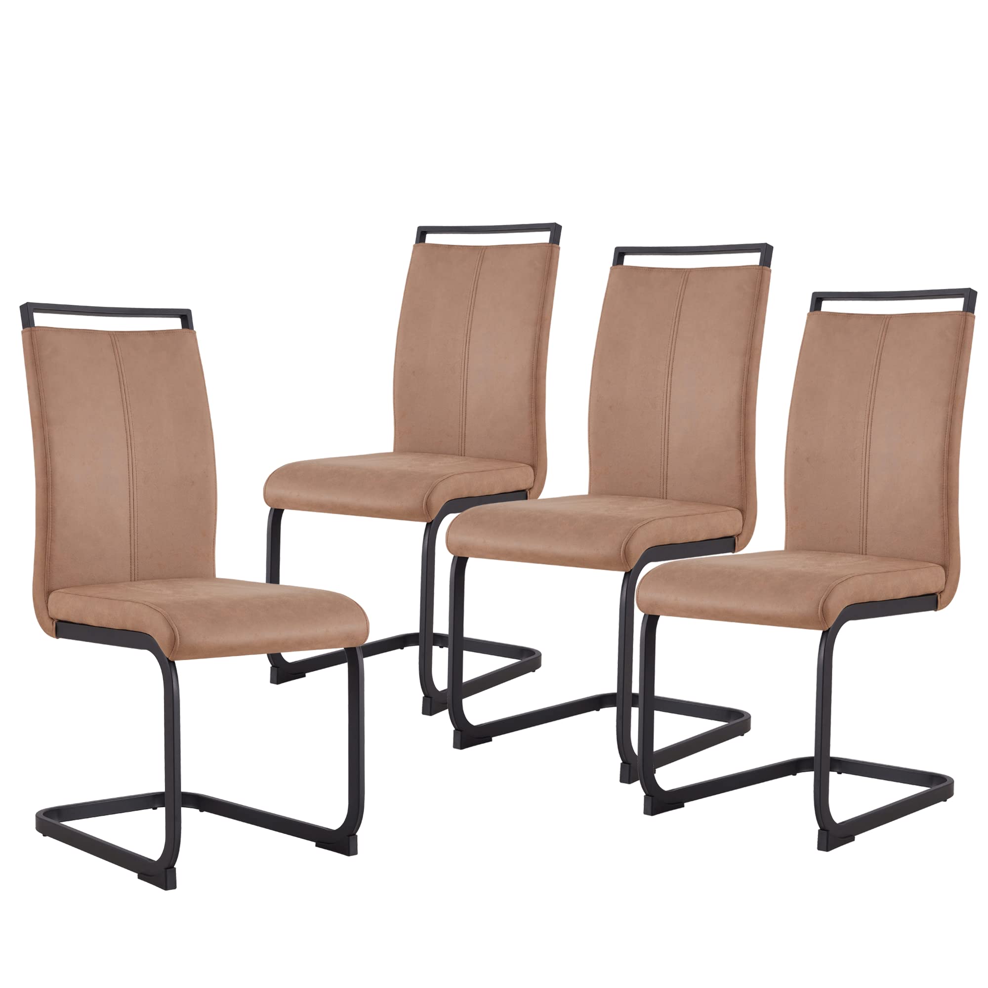 Brown Leather Dining Chairs Set of 4 - Armless Kitchen Chairs with Sturdy Chrome Legs, Urban Industrial Style Upholstered Seats for Dining Room, Living Room & Bedroom - Perfect for Modern Homes, Restaurants and Office Spaces