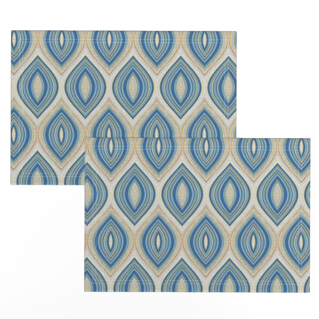 Premium Linen Cotton Canvas Placemats Set of 2 - Blue Geometric Beige Classic Print Table Mats for Dining Room Decor, Kitchen Table Setting & Home Entertaining