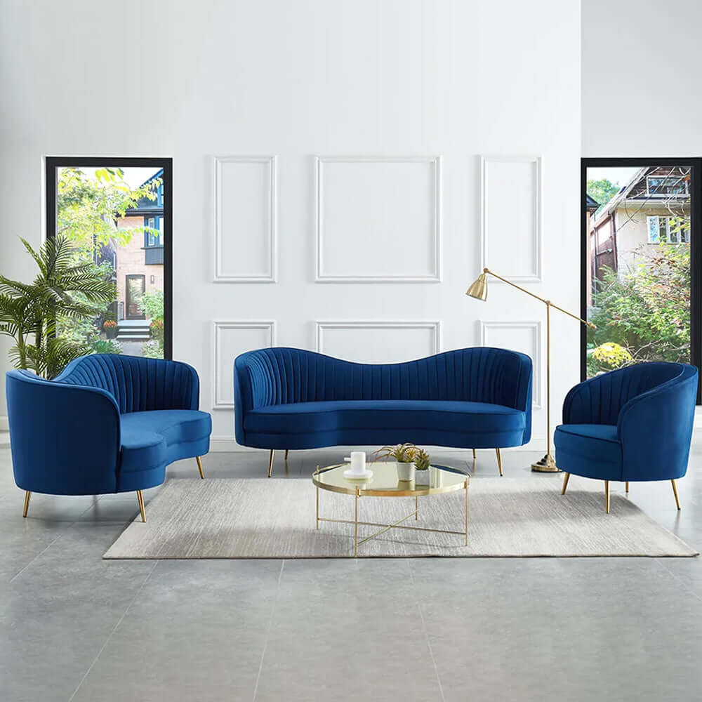 Luxury Blue Velvet Sofa Set 3-Piece Living Room Furniture - Curved 3-Seater Couch & Loveseat for Modern Home Decor | Perfect for Living Rooms, Apartments and Cozy Spaces