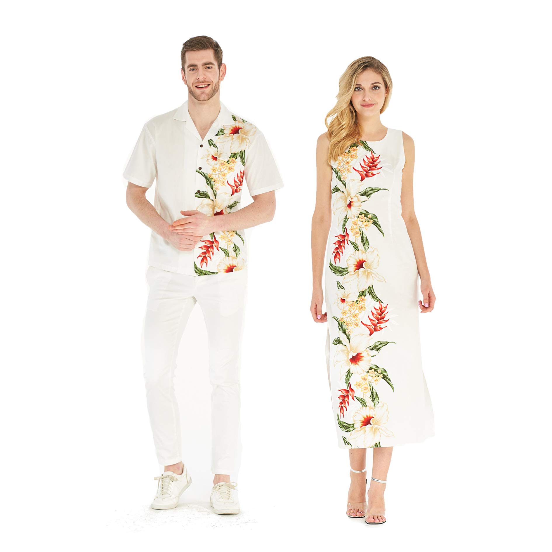 Hawaiian Couple Matching Luau Aloha Shirt & Maxi Tank Dress Set - Floral Black Tropical Outfit for Beach Vacation, Summer Party, and Hawaiian Theme Events