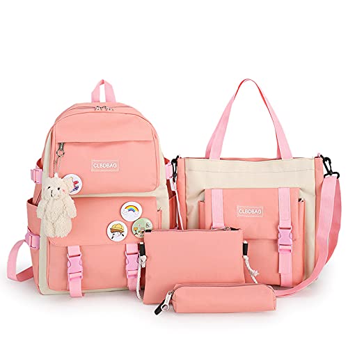 Rafael 4-Piece Backpack Set for School - Cute Teddy Bear Pendant Bookbag, Tote, Pencil Case & Crossbody Pouch | Lightweight Canvas with Large Capacity (Pink) | Perfect for Students, College, Travel & Everyday Use