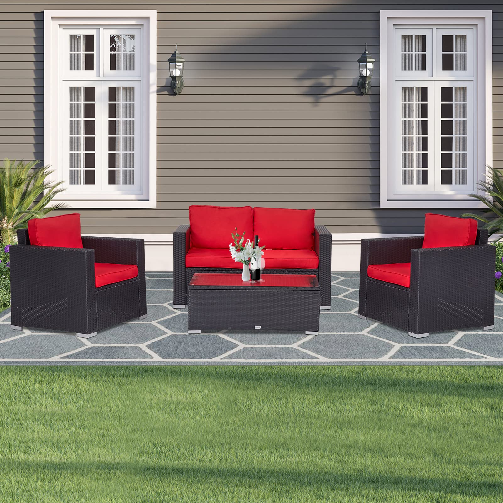 Kinpaw 4-Piece All-Weather Wicker Patio Furniture Set - Rattan Outdoor Conversation Sofa with Coffee Table in Red - Perfect for Garden, Backyard, and Poolside Relaxation