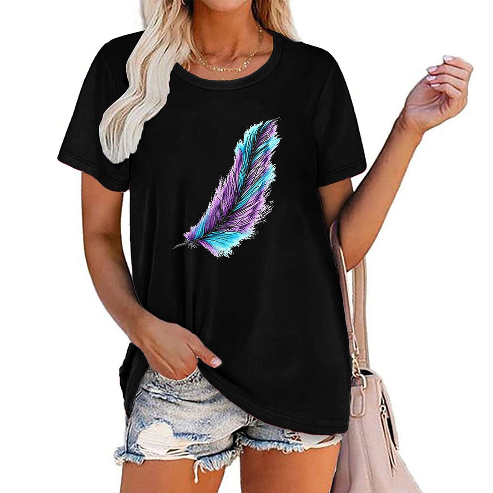 HRAPDA Women's Casual Summer Short Sleeve Blouse - Trendy Feather Print O-Neck Loose Fit T-Shirt for Going Out, Date Night & Beach Wear