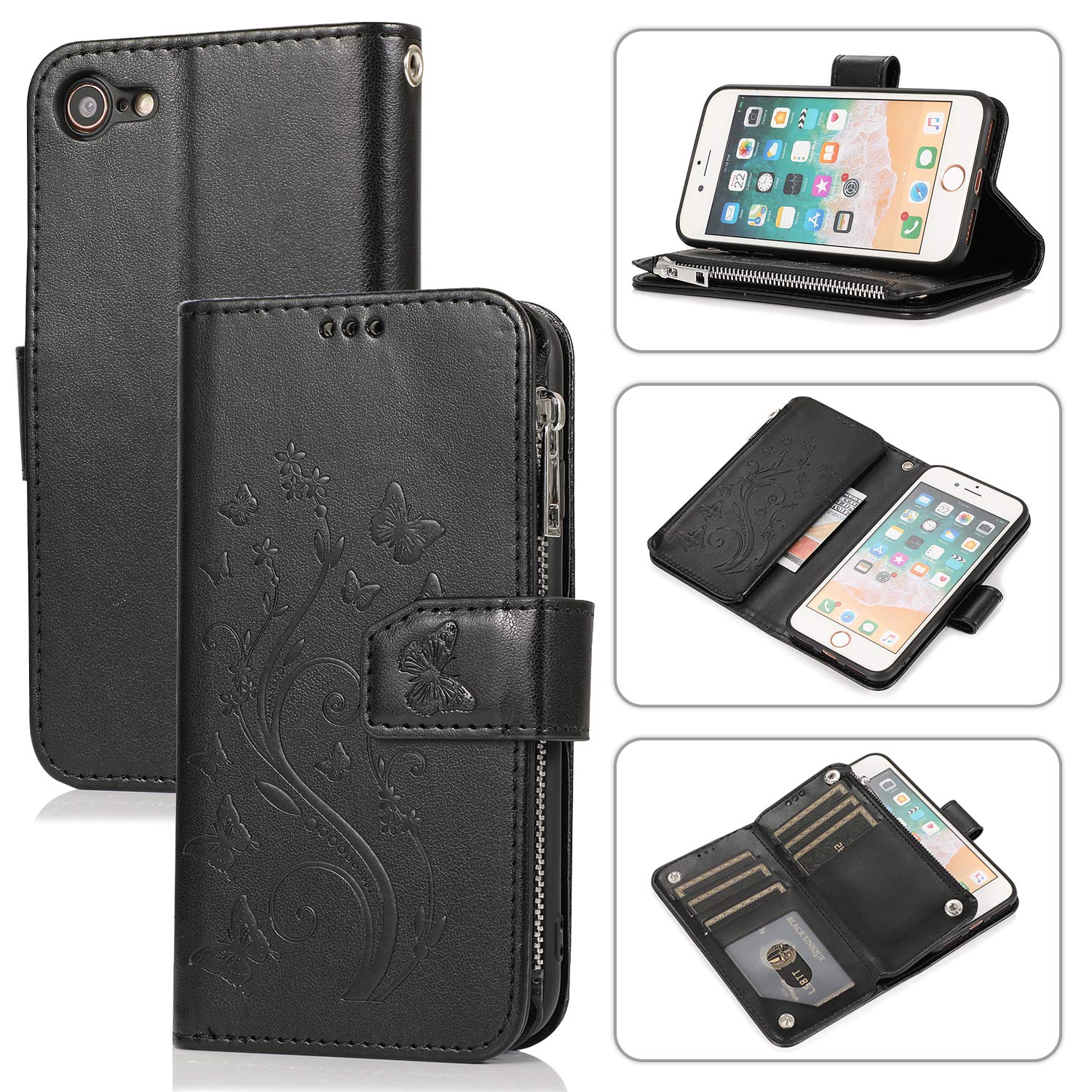 Premium PU Leather Magnetic Wallet Case for iPhone SE 2022/SE3/iPhone 7/8/SE 2020 - Shockproof Flip Cover with Flower Zipper Pocket, Card Slots & Kickstand | Perfect for Daily Use, Travel & Hands-Free Viewing (Black)