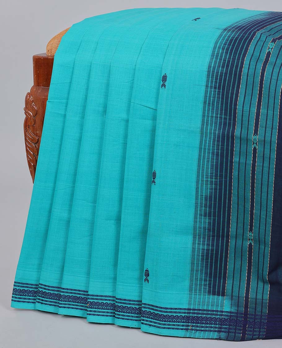 Blue Andhra Cotton Saree with Buttas - Traditional Design Border & Striped Contrast Pallu | Perfect for Weddings, Festivals & Cultural Events