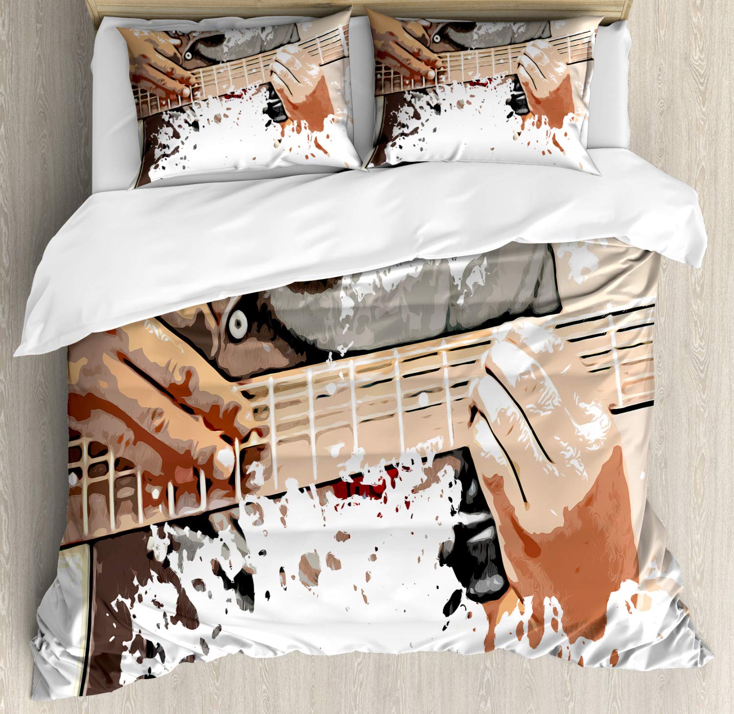 Ambesonne Rock and Roll Duvet Cover Set - King Size 3 Piece Bedding with Guitar Player Design & 2 Pillow Shams in Dark Eggshell Brown | Perfect for Music Lovers Bedroom Decor, Rock Theme Room, and Gift for Guitar Enthusiasts