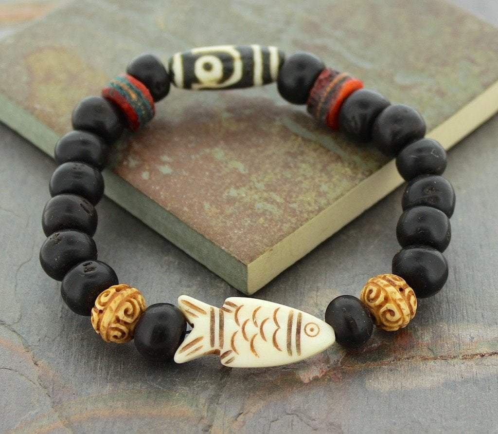 Bodhi Seed & Fish Wrist Mala Bracelet - Buddhist Meditation Prayer Beads for Yoga, Mindfulness & Spiritual Healing