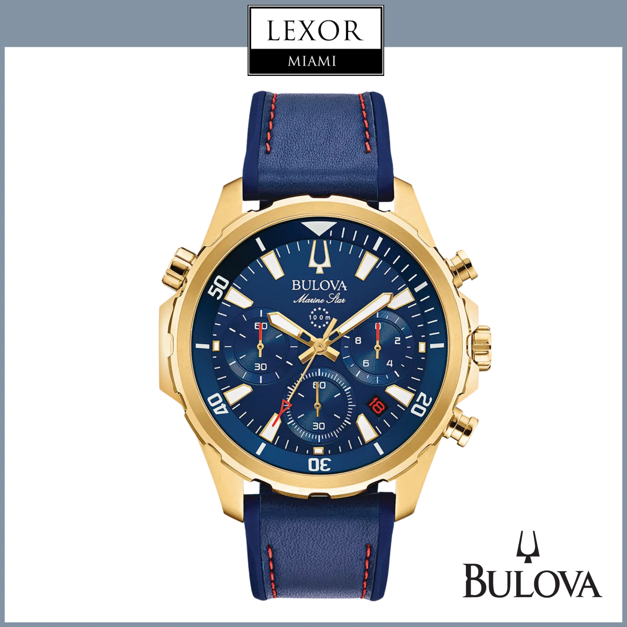 Bulova 97B168 Men's Blue Marine Star Chronograph Leather Strap Watch – Waterproof, Durable for Swimming, Diving & Outdoor Activities