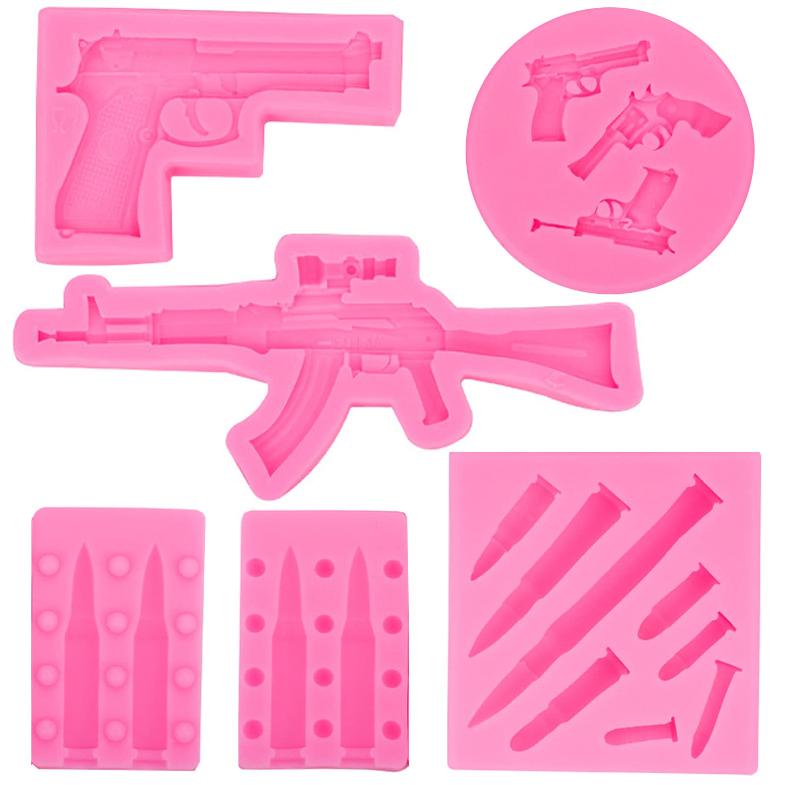 6-Piece Gun Bullet Silicone Molds Set for Cake Decorating, Candy, Chocolate, Cupcake Toppers - 3D Pistol & Machine Gun Fondant Molds for DIY Polymer Clay, Desserts, Crafts, Jewelry Making - Perfect for Birthday Parties, Halloween Decorations, and Baking Enthusiasts