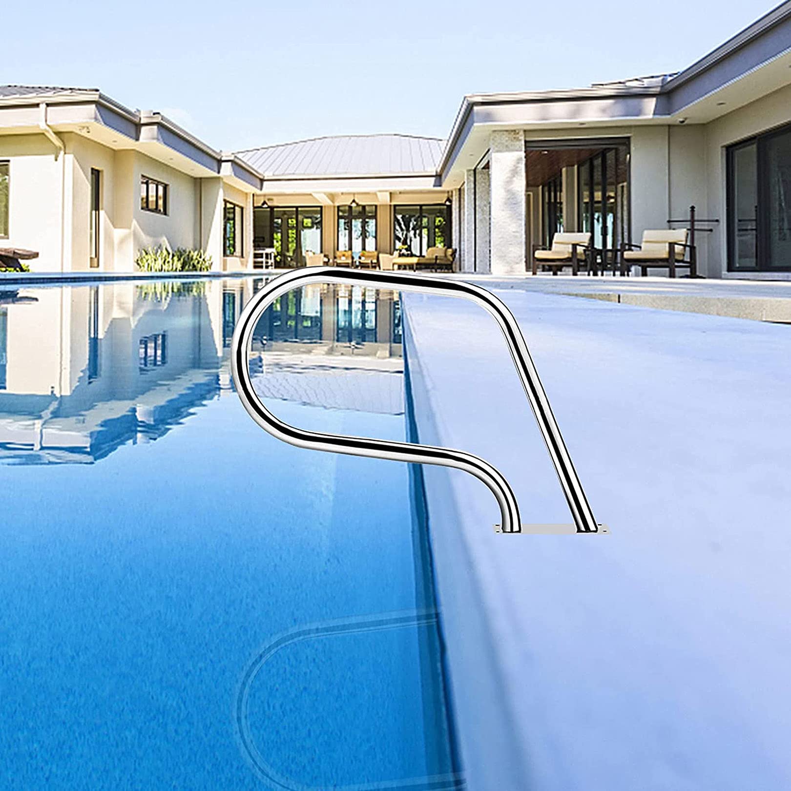 Stainless Steel Pool Handrail with Base Plate - Safety Railing for Inground Swimming Pool Steps | Durable Non-Slip Grip for Easy Pool Entry & Exit | Perfect for Elderly & Kids Safety Around Poolside