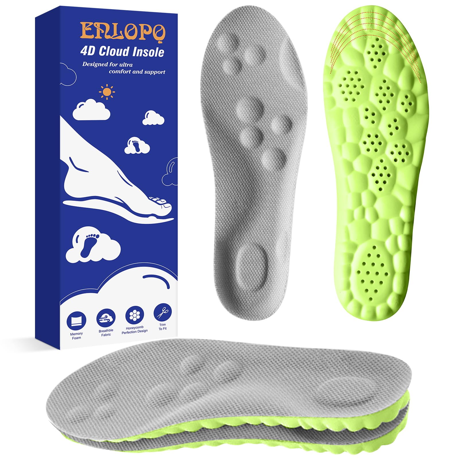 4D Cloud Soles for Women - Soft Memory Foam Cushioning Insoles with Arch Support - Trim to Fit Comfort Insoles for Foot Pain Relief & Fatigue Reduction (US Women's 6.5-9) - Perfect for Running, Walking & Standing All Day