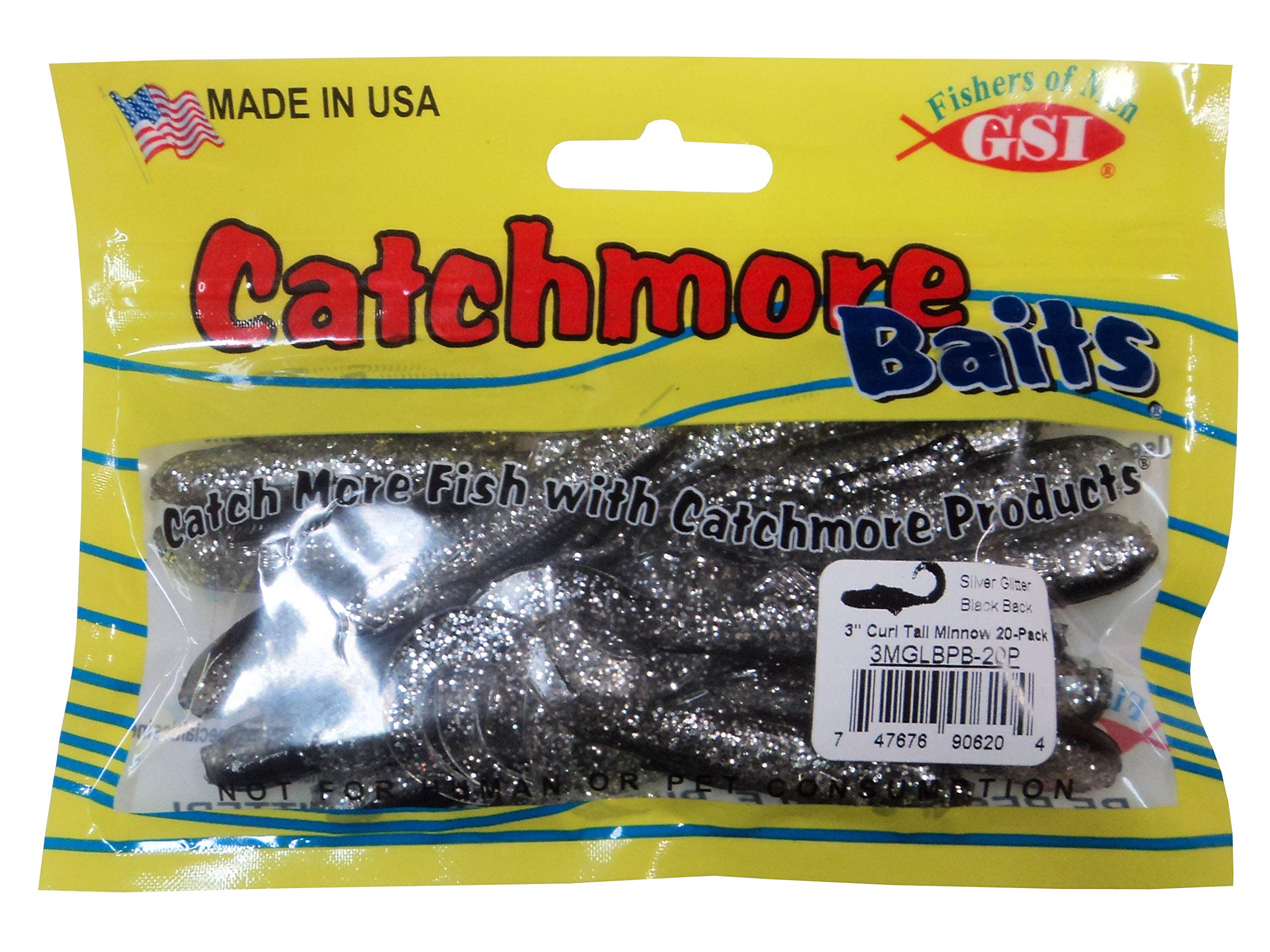 Catchmore 3 Inch Minnow Soft Plastic Fishing Lures - Curl Tail Design, Silver Glitter with Black Back - Pack of 20 - Made in USA - Perfect for Bass, Trout, and Walleye Fishing in Lakes and Rivers