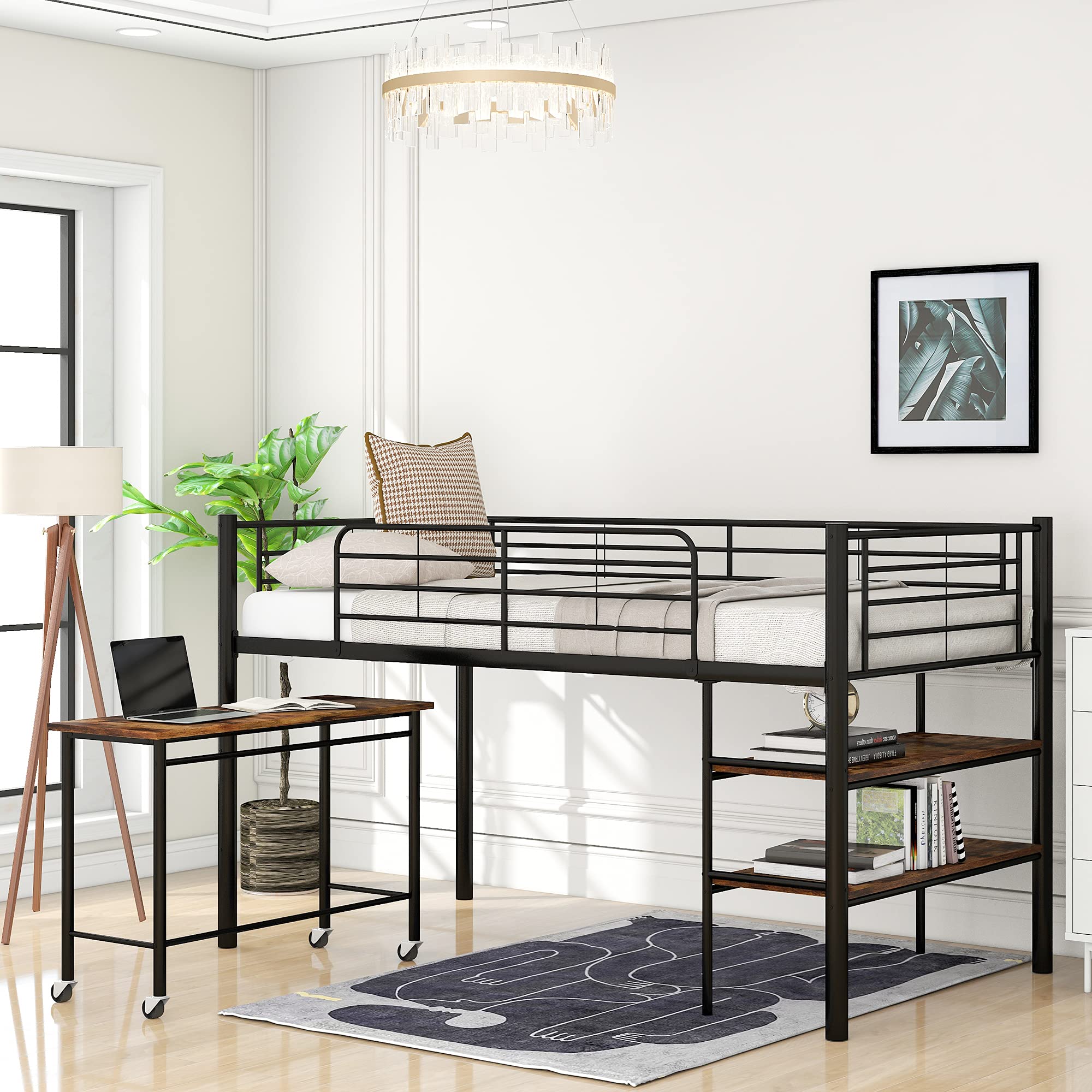 Knocbel Twin Loft Bed with Mobile Desk & Storage Shelves - Sturdy Metal Platform Bed Frame with Guardrails, Ladder & 16 Slats - Supports 200lbs - Space-Saving Solution for Kids, Teens & Small Bedrooms (Black)