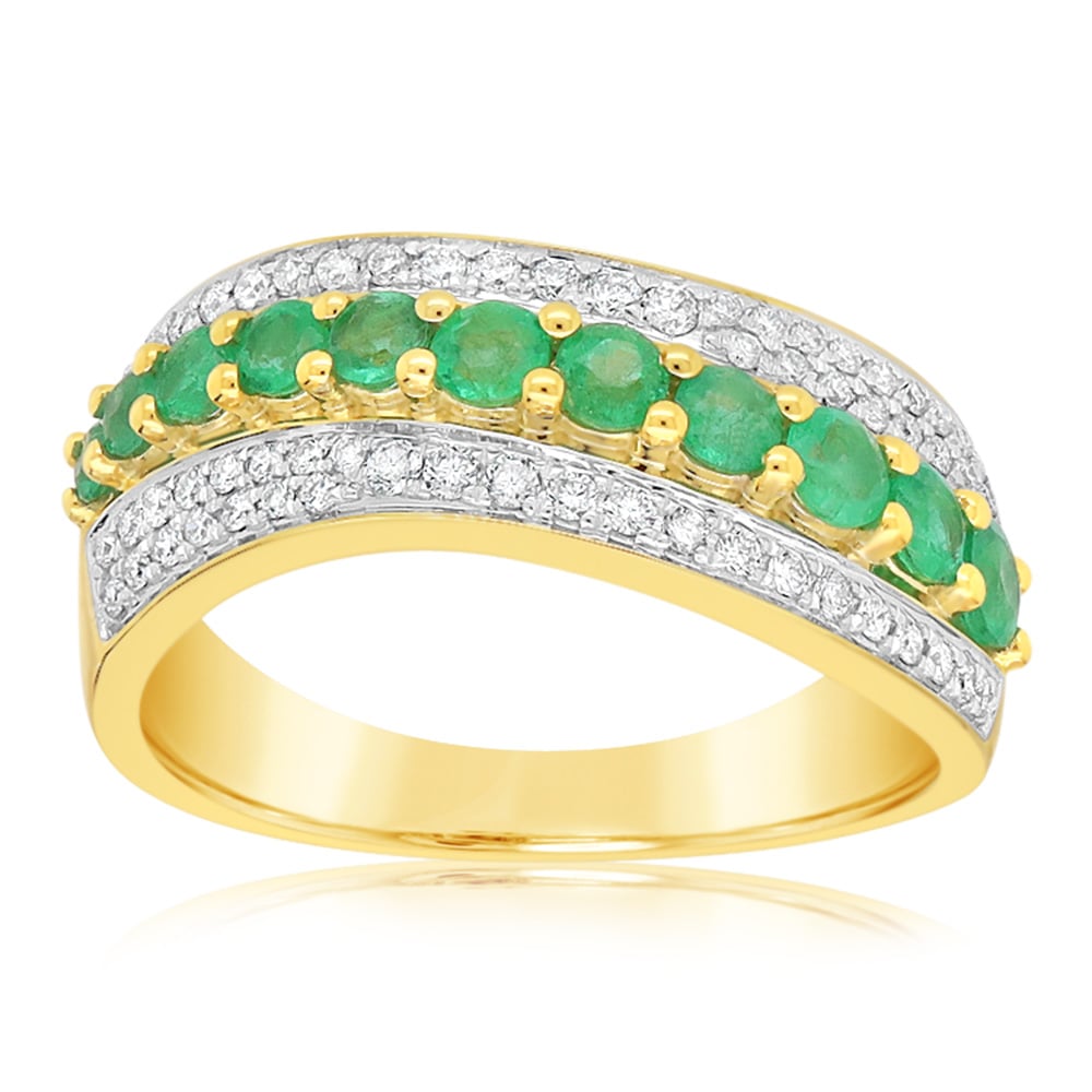 18ct Yellow & White Gold Diamond & Natural Emerald Ring for Women - Elegant Wedding, Engagement & Anniversary Jewelry Gift