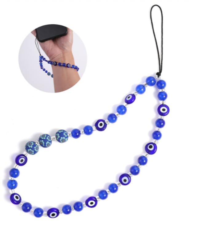 Evil Eye Phone Lanyard with Beaded Charm - Gemstone Bracelet Strap for iPhone & Android - Stylish Wrist Strap Keychain for Men & Women (Blue) - Perfect for Everyday Use, Travel & Phone Protection