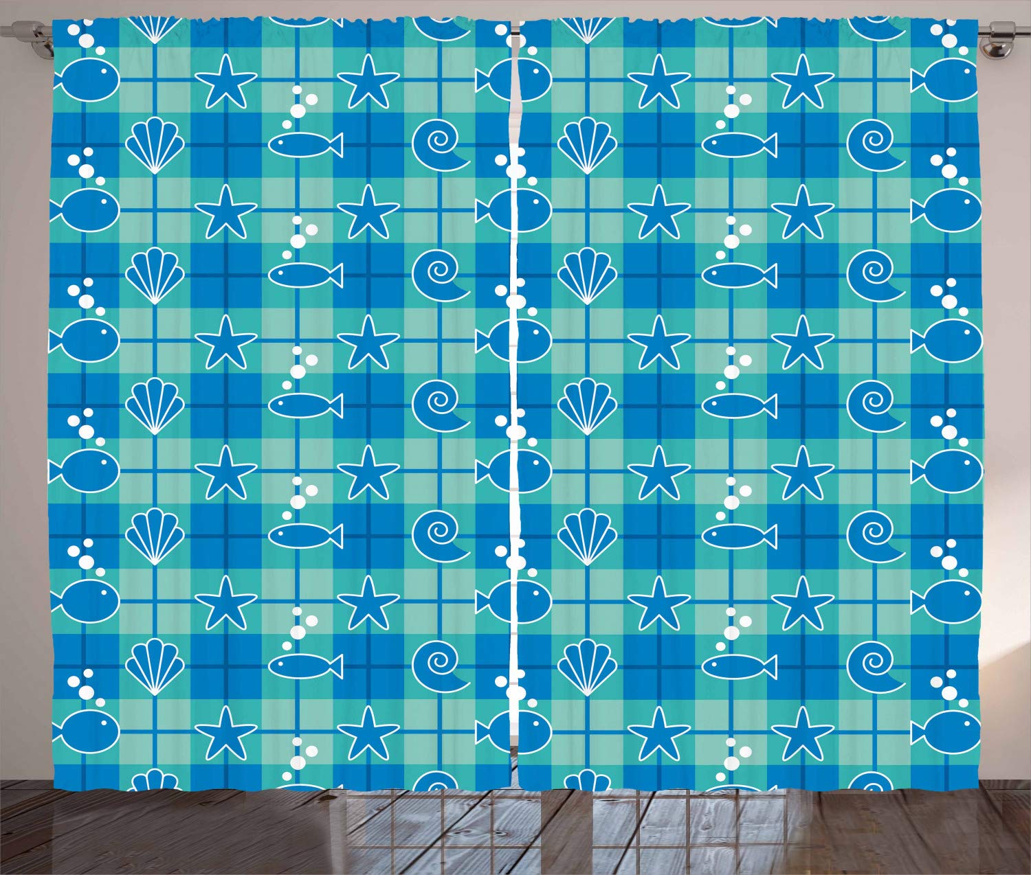 Ambesonne Sea Shells Curtains - Plaid Pattern with Cartoon Marine Life Silhouettes, Fish, Starfish & Bubbles - 2 Panel Set for Living Room & Bedroom (108