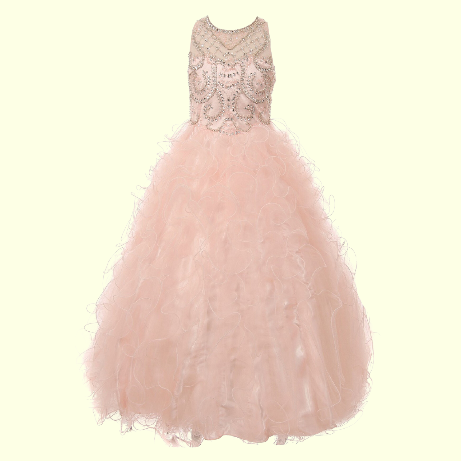 Elegant Big Girls Blush Ruffles Rhinestone Illusion Neck Pageant Dress - Sizes 8-16 | Perfect for Pageants, Proms & Special Occasions