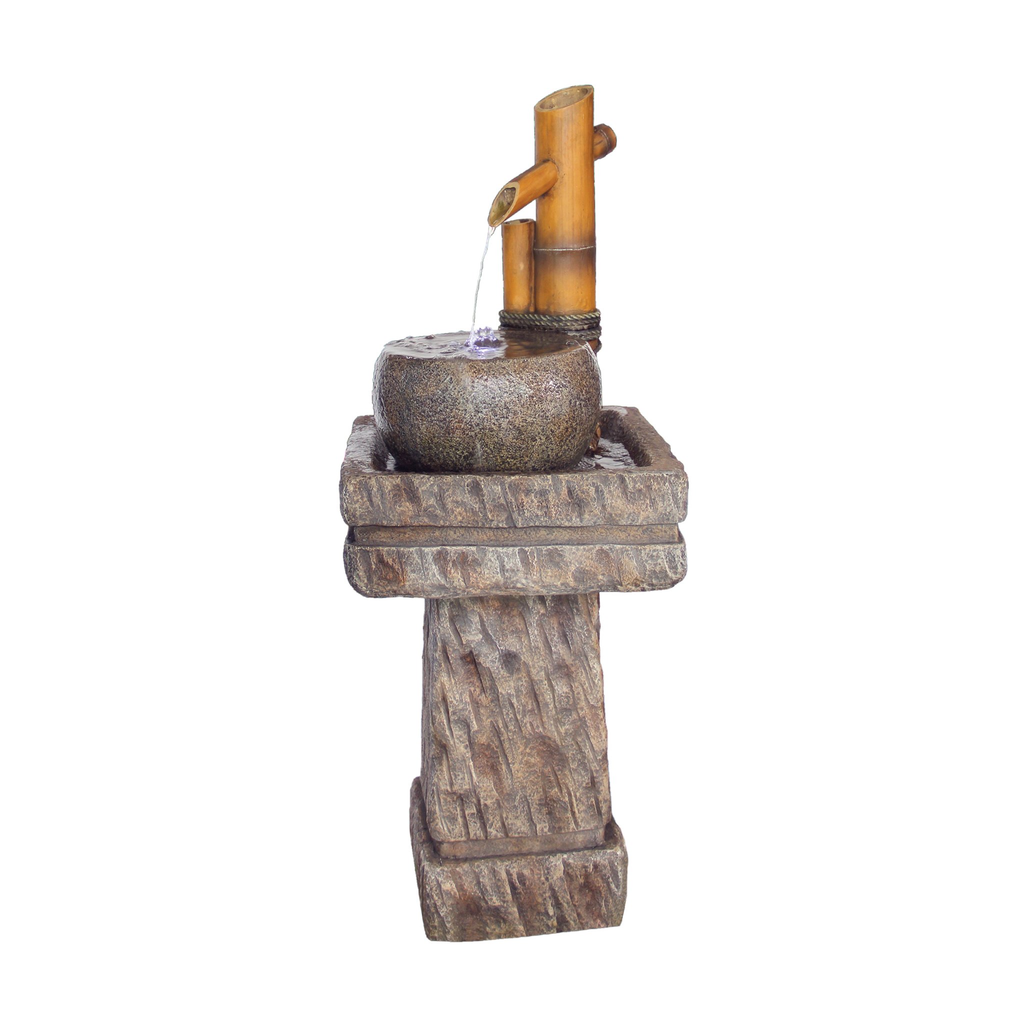 LED Bamboo Water Fountain with Wellspring Pedestal - Asian Decor Outdoor Water Feature for Garden, Patio, and Zen Meditation Spaces